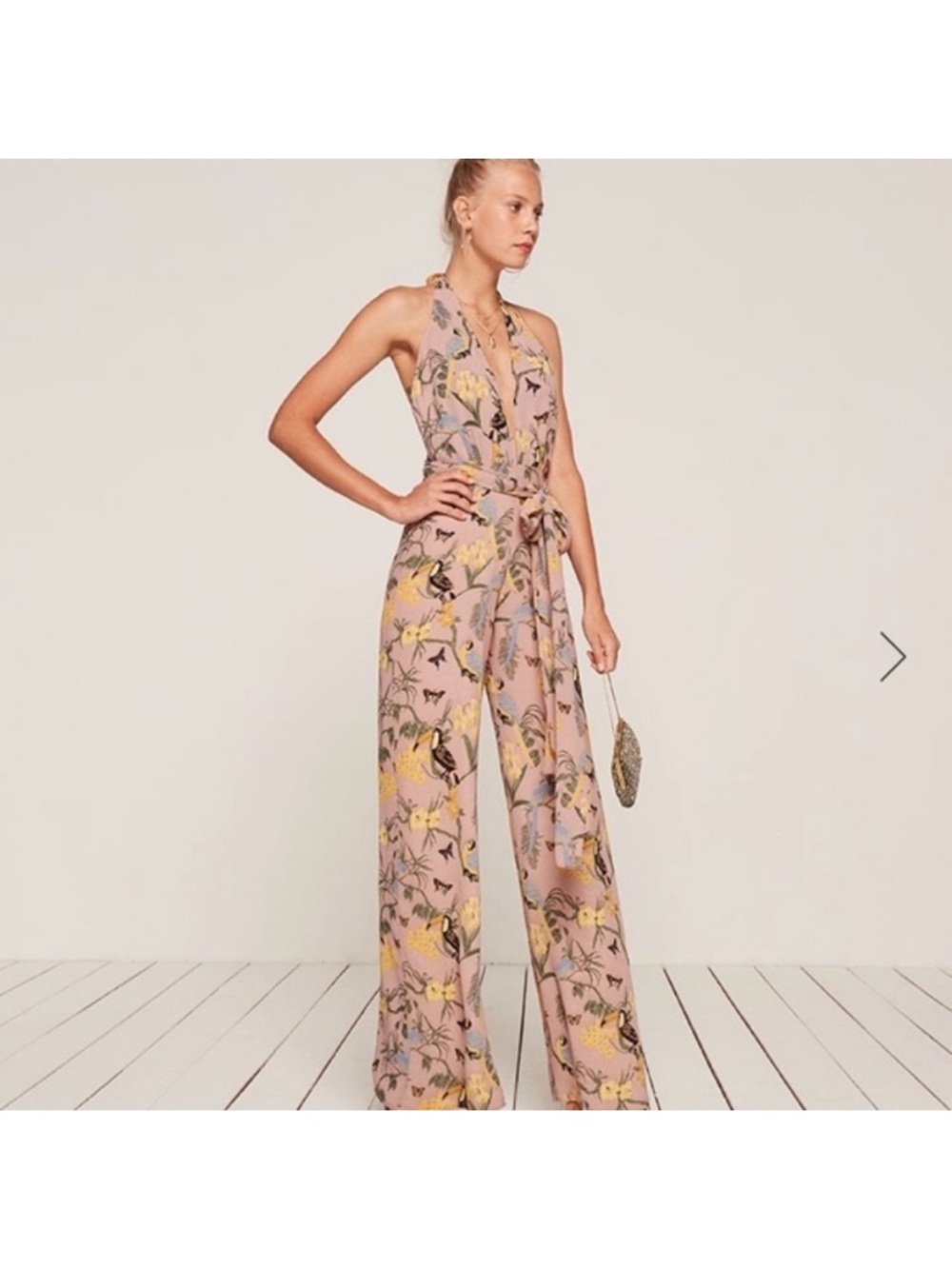 Reformation Lenore Jumpsuit Pink Toucan and Floral Print Women’s Size 6 Tropical